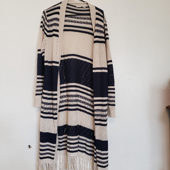 Cato Sweaters - Navy & Cream Fringe Trim Long Cardigan Duster
